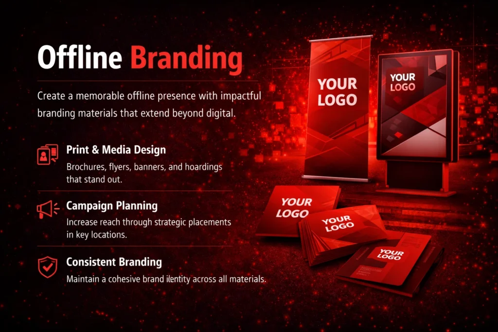offline branding materials like banners, business cards, and hoardings
