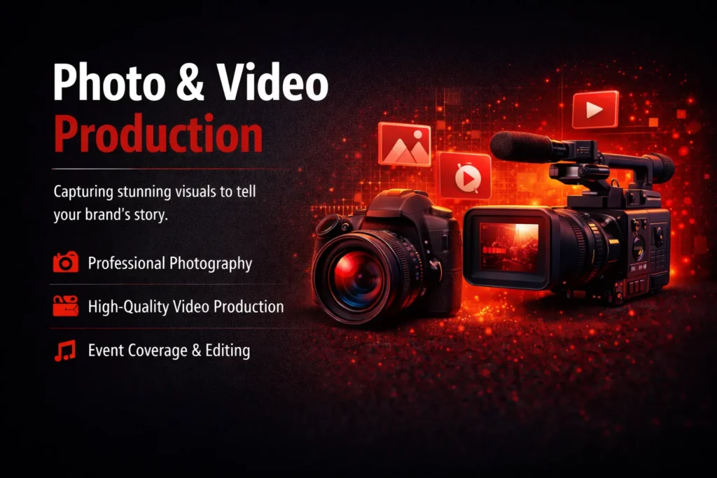 professional photo and video production with camera, lighting, and content creation setup