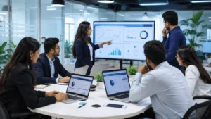Digital marketing strategy with SEO, Google Ads, social media analytics, and business growth dashboard.